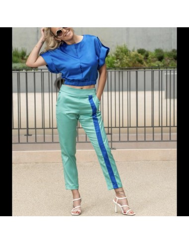 marina pantalon efecto seda bicolor  franja azul