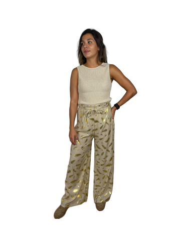 anika pantalon goma elastica lazo flores pluma doradas